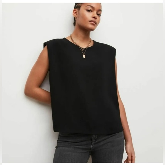 ALLSAINTS Women's Padded Shoulders Relaxed Crewneck Black Sleeveless Blouse Sz 4 - Picture 1 of 15